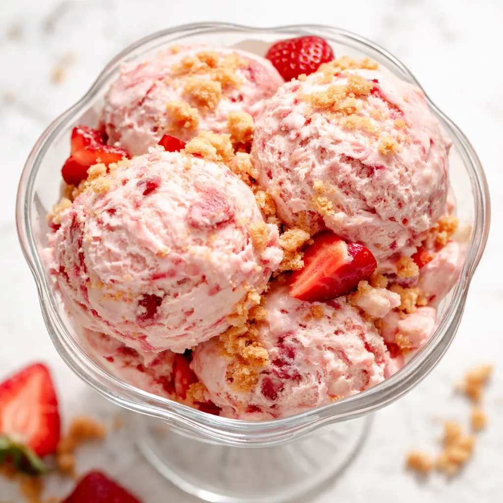 Creamy no-churn strawberry shortcake ice cream in a bowl with swirls of strawberry sauce and pieces of shortcake.