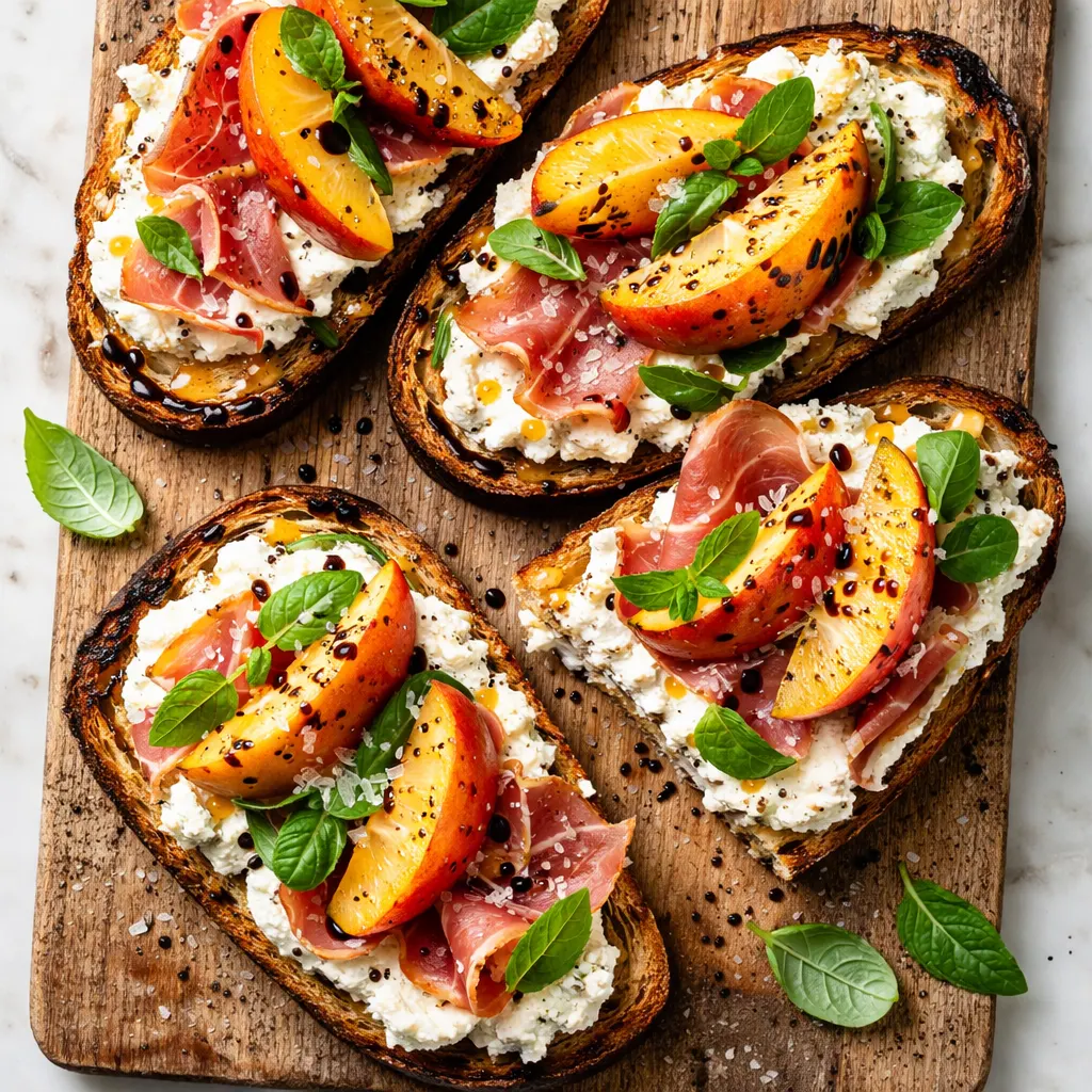 Ripe peach slices on toasted bread with creamy ricotta and basil, highlighting the no-soggy technique for crisp texture.