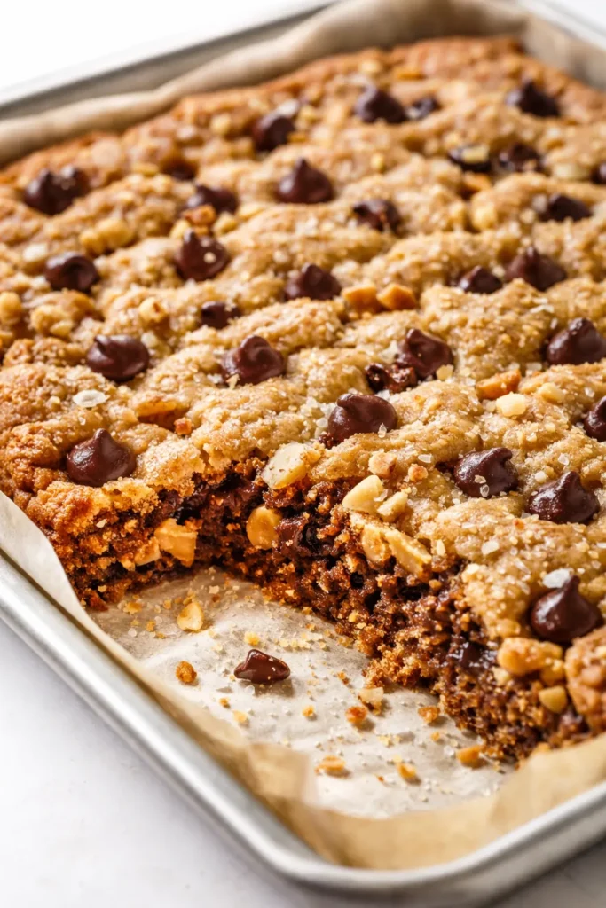 Golden brown sheet pan chocolate chip cookie cake with gooey chocolate chips, sliced into squares on a wooden board.