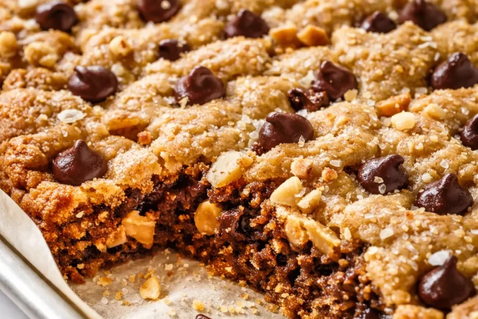 Golden brown sheet pan chocolate chip cookie cake with gooey chocolate chips, sliced into squares on a wooden board.