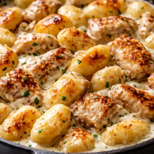 Creamy one-pan chicken alfredo gnocchi with golden crispy edges and tender chicken pieces in a rich sauce.