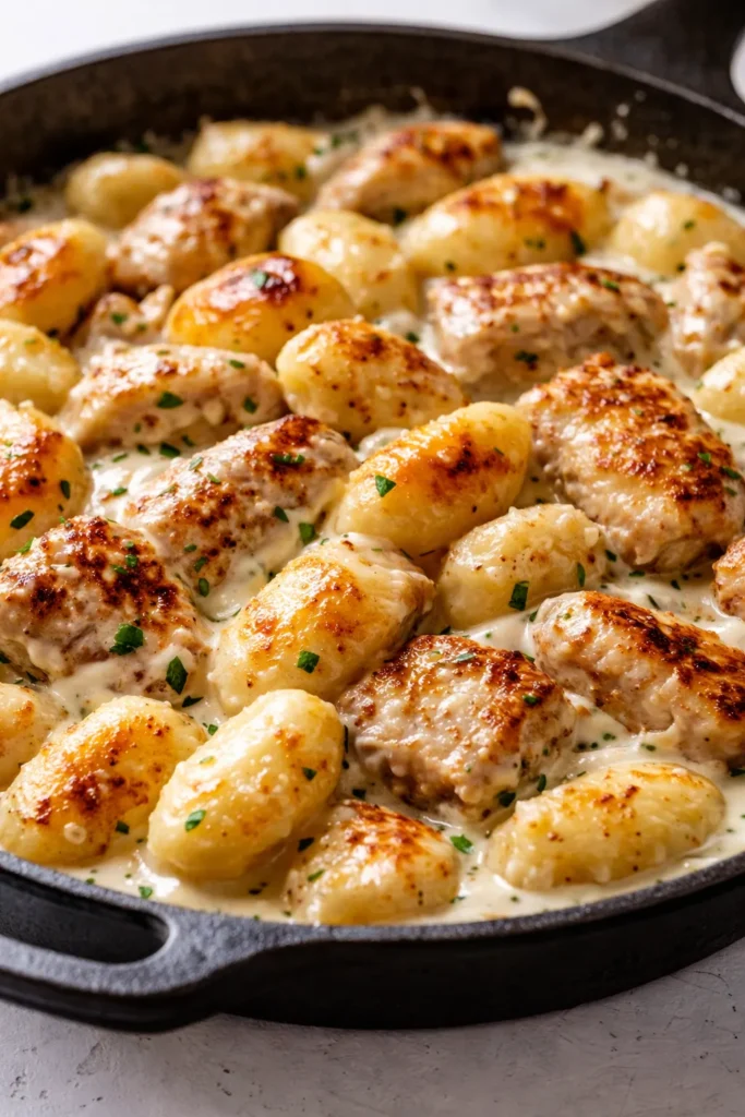 Creamy one-pan chicken alfredo gnocchi with golden crispy edges and tender chicken pieces in a rich sauce.