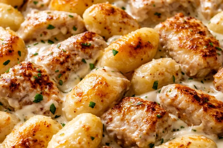 Creamy one-pan chicken alfredo gnocchi with golden crispy edges and tender chicken pieces in a rich sauce.