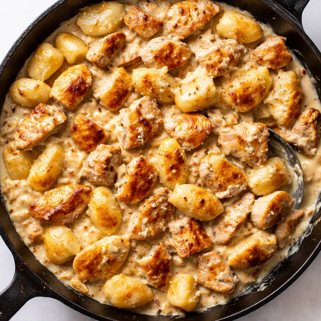 Golden brown gnocchi and chicken pieces in creamy Alfredo sauce with crispy edges in a skillet.