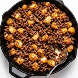 Golden brown crispy bottom on one-skillet ground beef and potatoes with tender beef and caramelized edges in a cast iron pan.