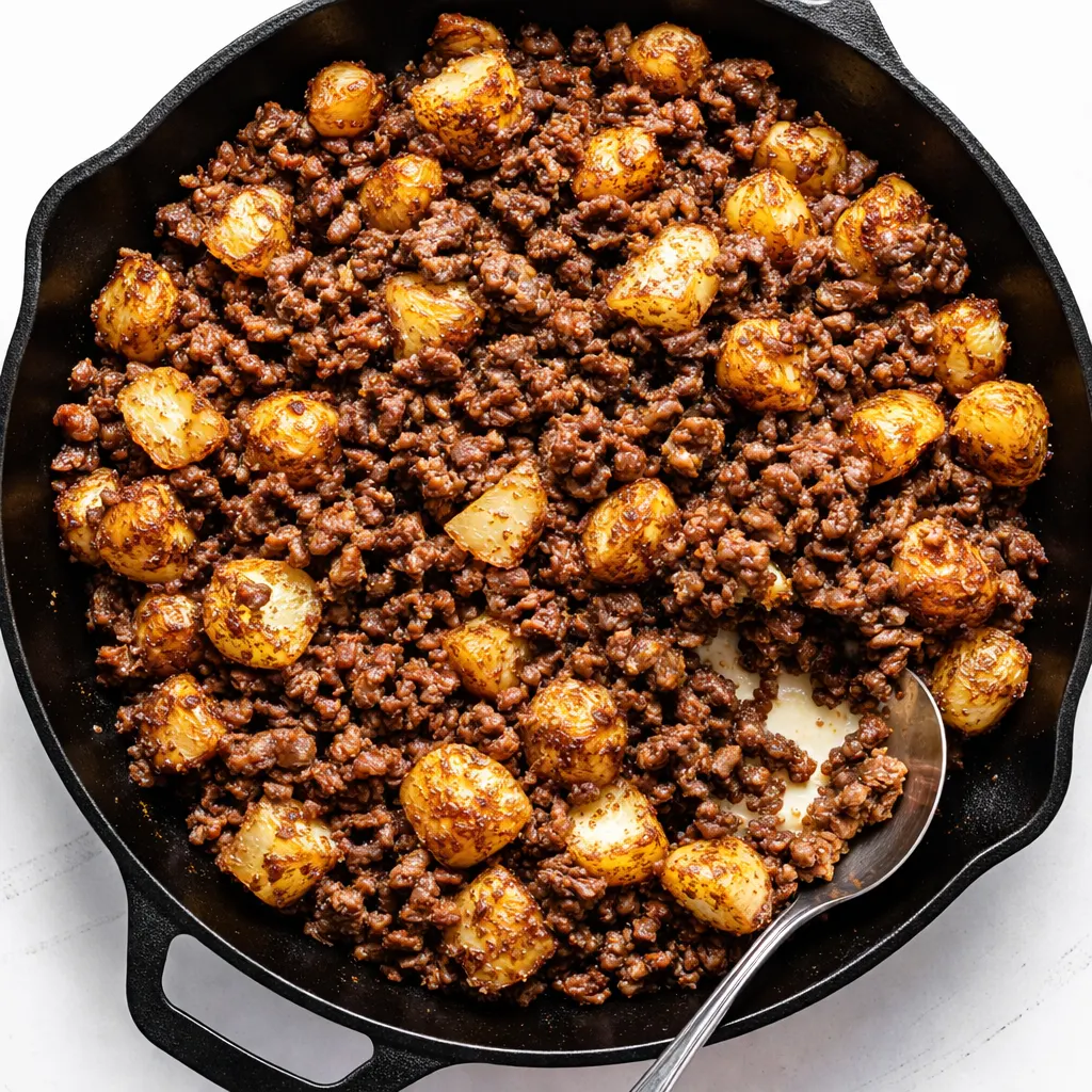 Golden brown crispy bottom on one-skillet ground beef and potatoes with tender beef and caramelized edges in a cast iron pan.