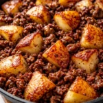 One-skillet ground beef and potatoes with golden crispy bottoms and melted cheese in a cast-iron skillet.