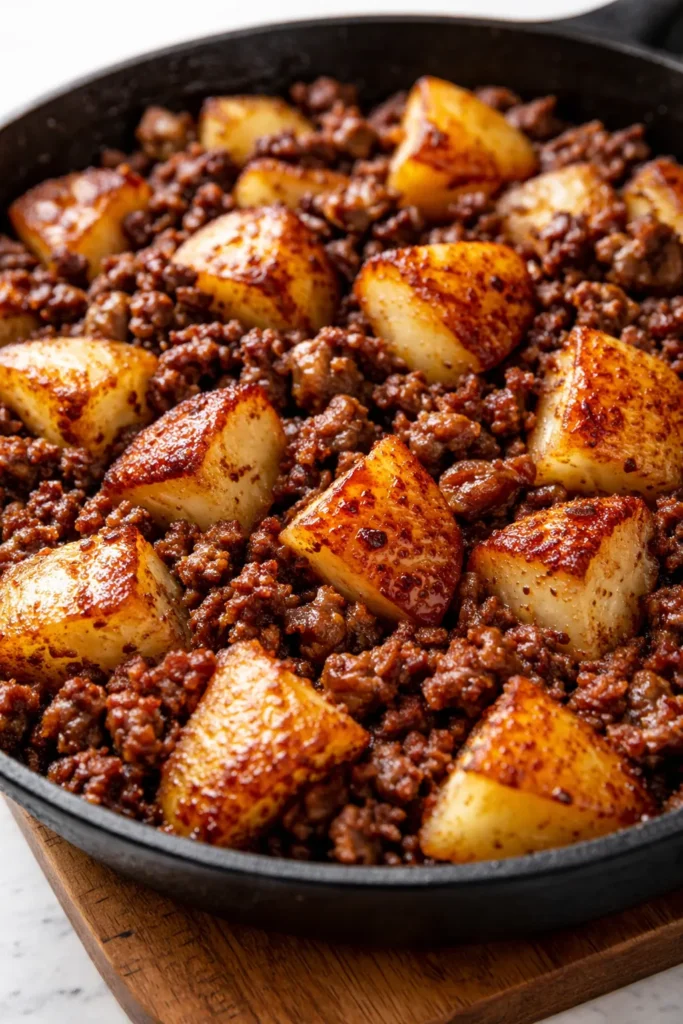 One-skillet ground beef and potatoes with golden crispy bottoms and melted cheese in a cast-iron skillet.