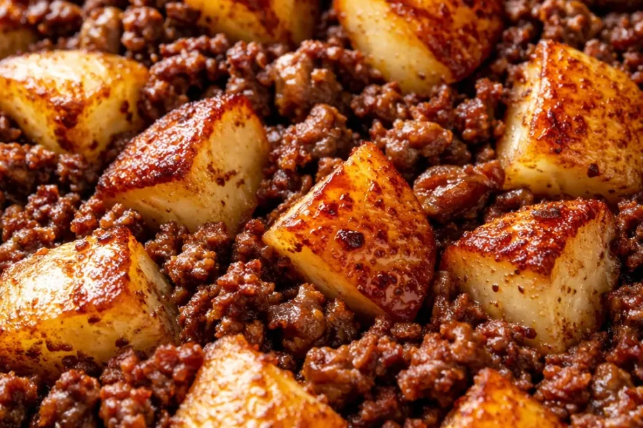 One-skillet ground beef and potatoes with golden crispy bottoms and melted cheese in a cast-iron skillet.