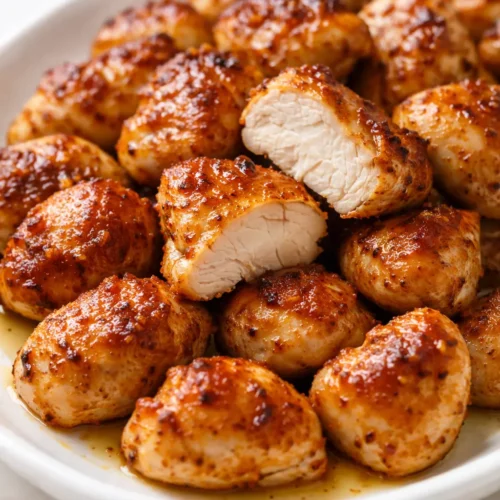 Juicy golden oven baked chicken bites with crispy edges on a white platter, garnished with fresh parsley and a side of dipping sauce.