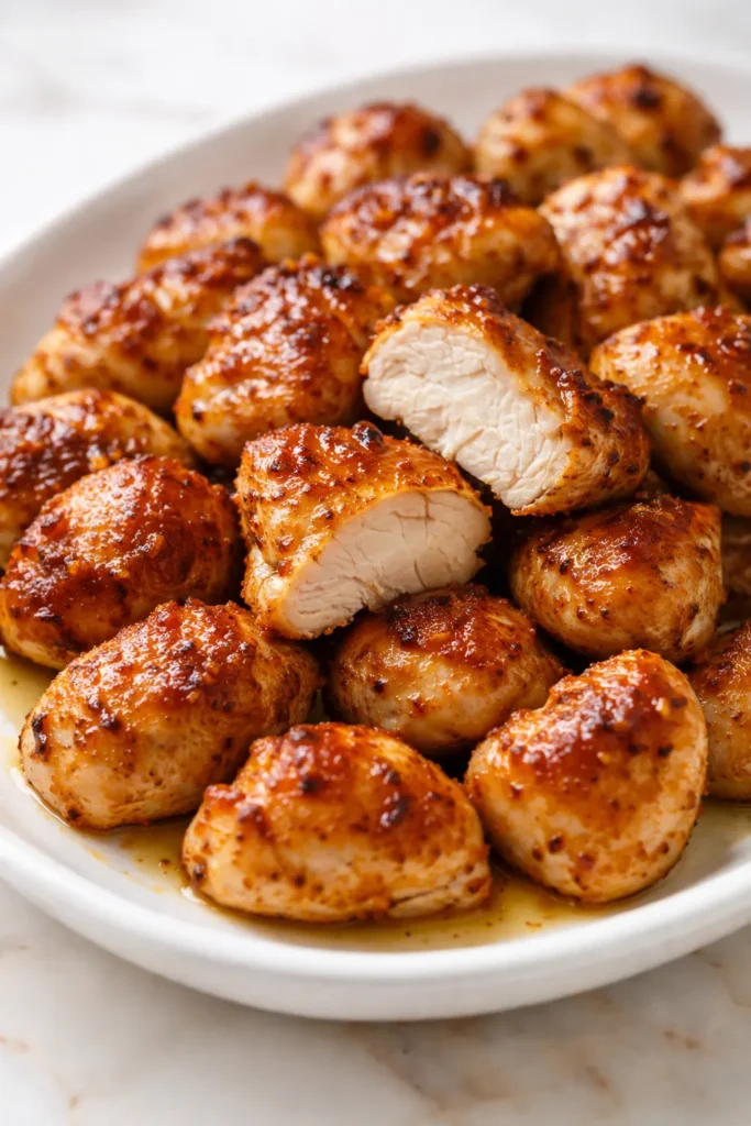 Juicy golden oven baked chicken bites with crispy edges on a white platter, garnished with fresh parsley and a side of dipping sauce.