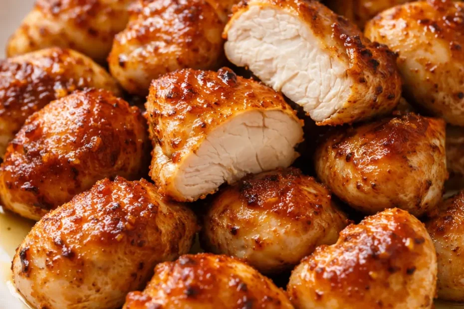 Juicy golden oven baked chicken bites with crispy edges on a white platter, garnished with fresh parsley and a side of dipping sauce.