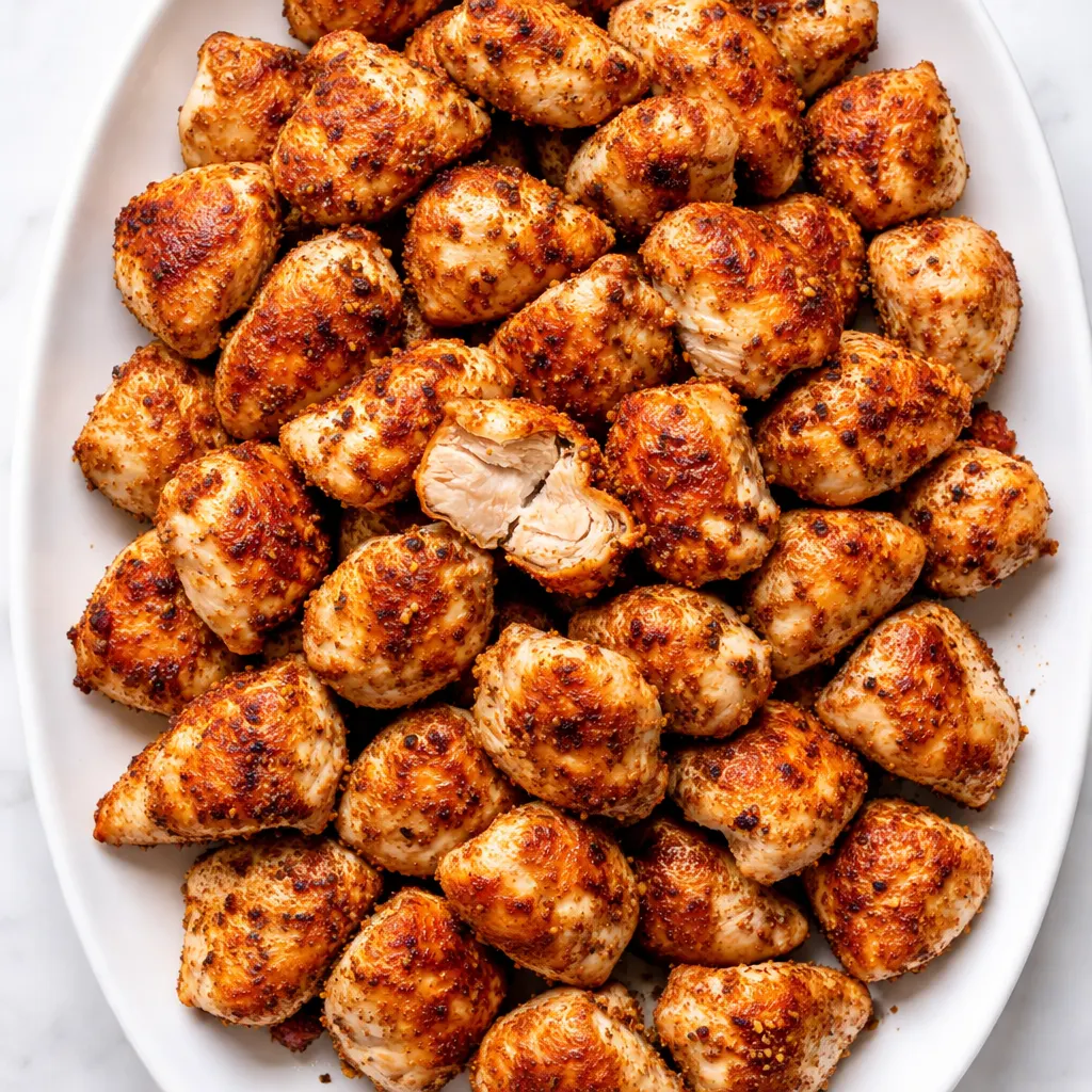 Golden-brown oven baked chicken bites in a baking dish, juicy and tender with a crispy exterior.