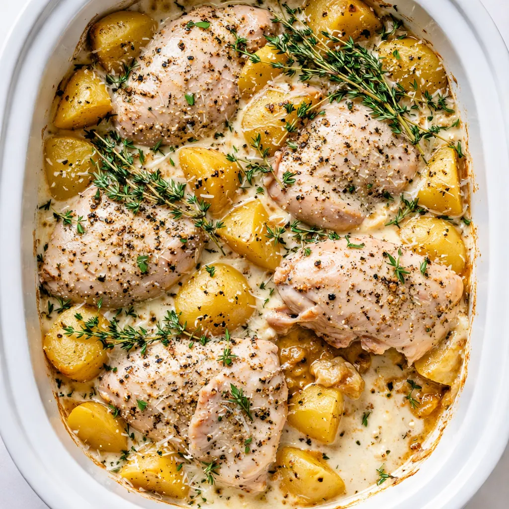 Tender chicken thighs and golden potatoes in a creamy parmesan garlic sauce, slow cooked until juicy and flavorful.