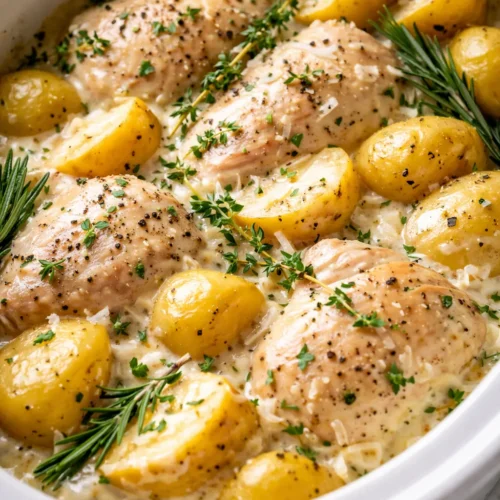 Tender slow cooker parmesan garlic chicken and potatoes with golden crust and creamy garlic sauce.