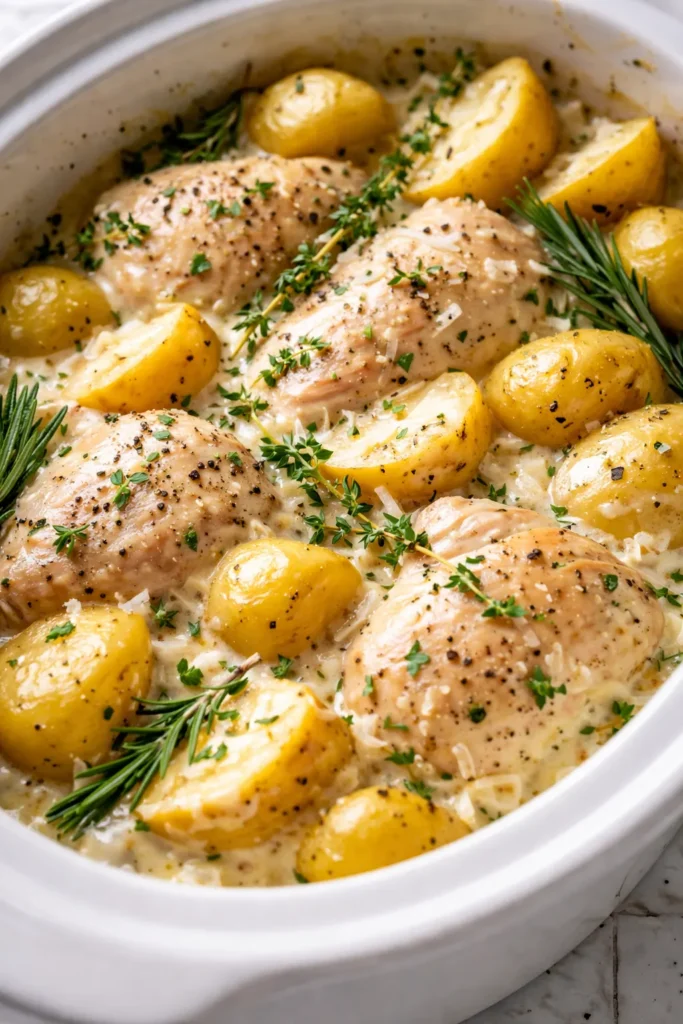 Tender slow cooker parmesan garlic chicken and potatoes with golden crust and creamy garlic sauce.