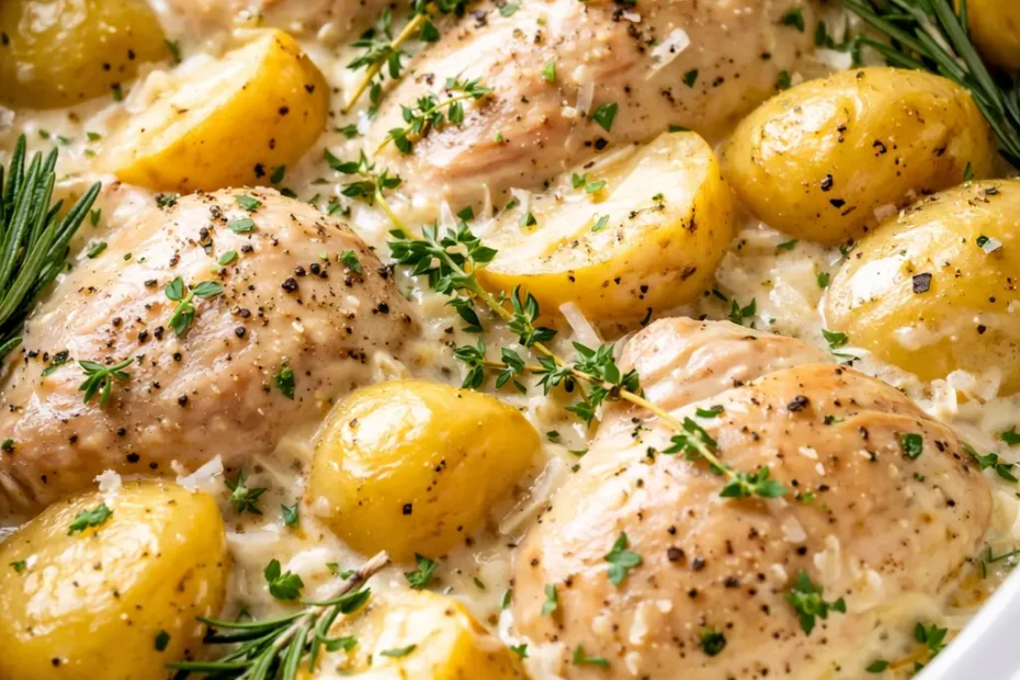 Tender slow cooker parmesan garlic chicken and potatoes with golden crust and creamy garlic sauce.