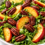 Fresh peach arugula salad with brown butter pecans on a white plate, vibrant greens and golden nuts.
