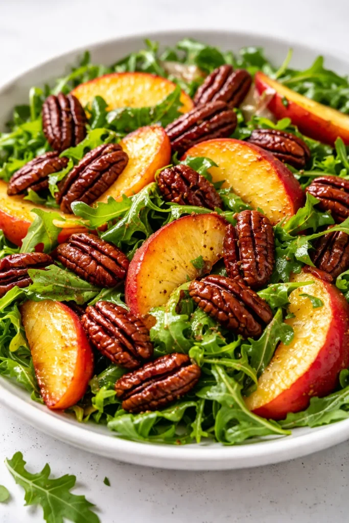 Fresh peach arugula salad with brown butter pecans on a white plate, vibrant greens and golden nuts.