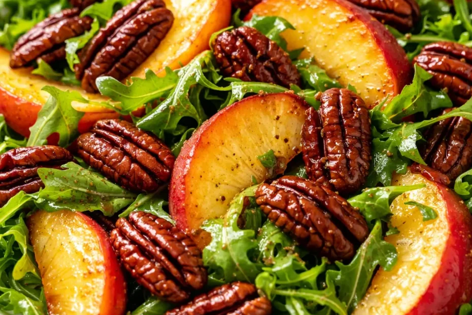 Fresh peach arugula salad with brown butter pecans on a white plate, vibrant greens and golden nuts.