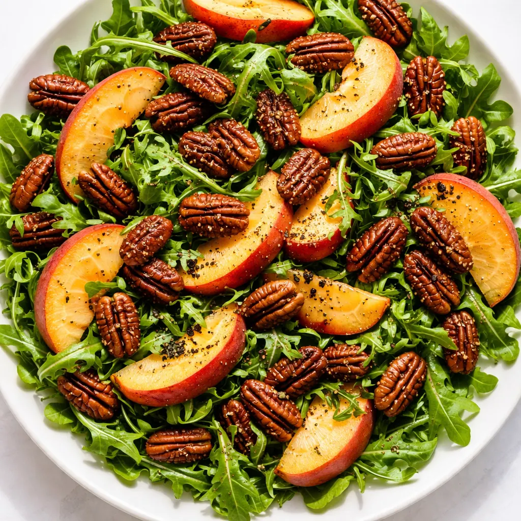 Fresh green arugula and orange peach slices tossed with crunchy brown butter pecans and crumbled feta cheese in a wooden salad bowl.