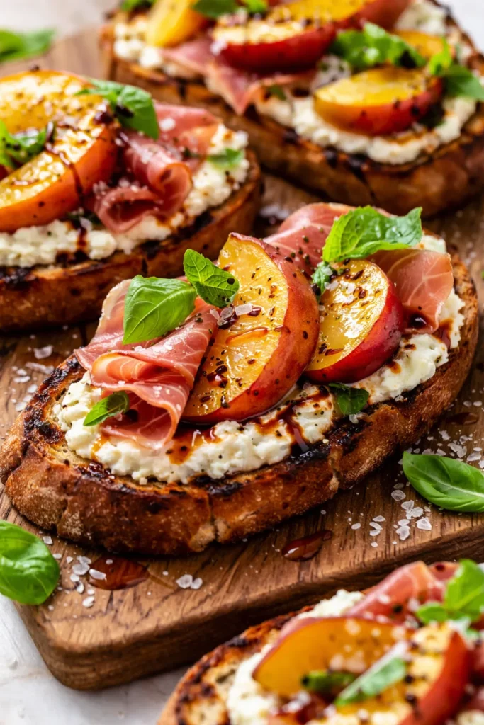 Golden toasted bread topped with juicy peach slices, creamy ricotta, and fresh basil on peach bruschetta.