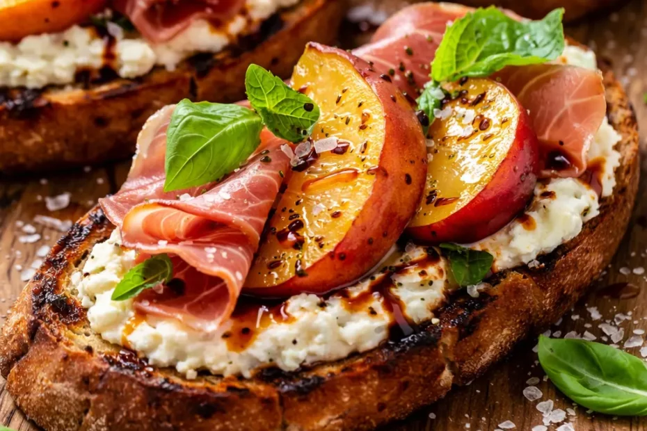 Golden toasted bread topped with juicy peach slices, creamy ricotta, and fresh basil on peach bruschetta.