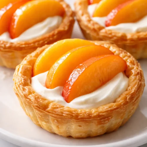 Glossy fresh peach slices atop smooth cream cheese filling in no-bake mini tarts with a crumbly golden crust.
