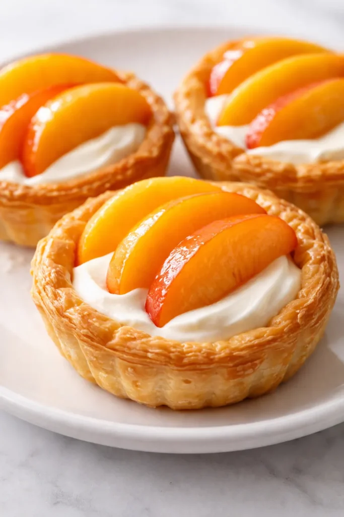 Glossy fresh peach slices atop smooth cream cheese filling in no-bake mini tarts with a crumbly golden crust.