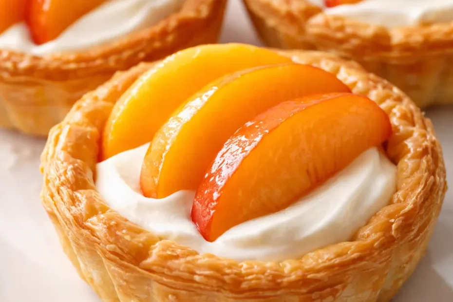 Glossy fresh peach slices atop smooth cream cheese filling in no-bake mini tarts with a crumbly golden crust.
