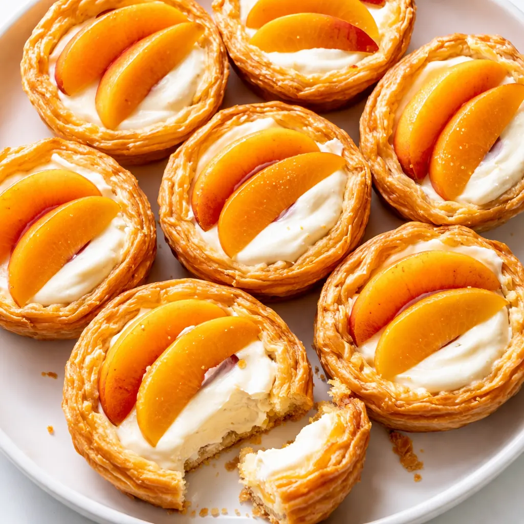 Creamy cream cheese filling piped into mini graham cracker tart shells, topped with fresh peach slices, showing the no-bake assembly process.