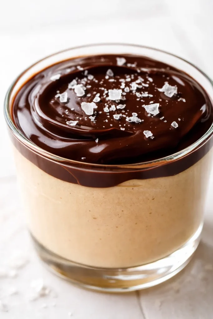 Decadent peanut butter mousse with chocolate ganache, silky texture, glossy dark chocolate drip, garnished with crushed peanuts.