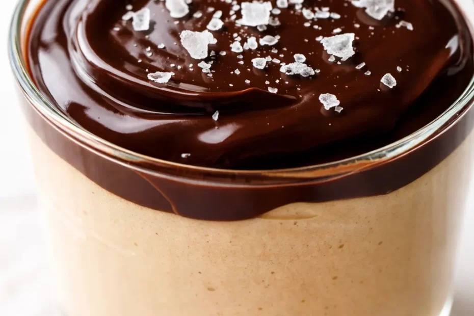 Decadent peanut butter mousse with chocolate ganache, silky texture, glossy dark chocolate drip, garnished with crushed peanuts.