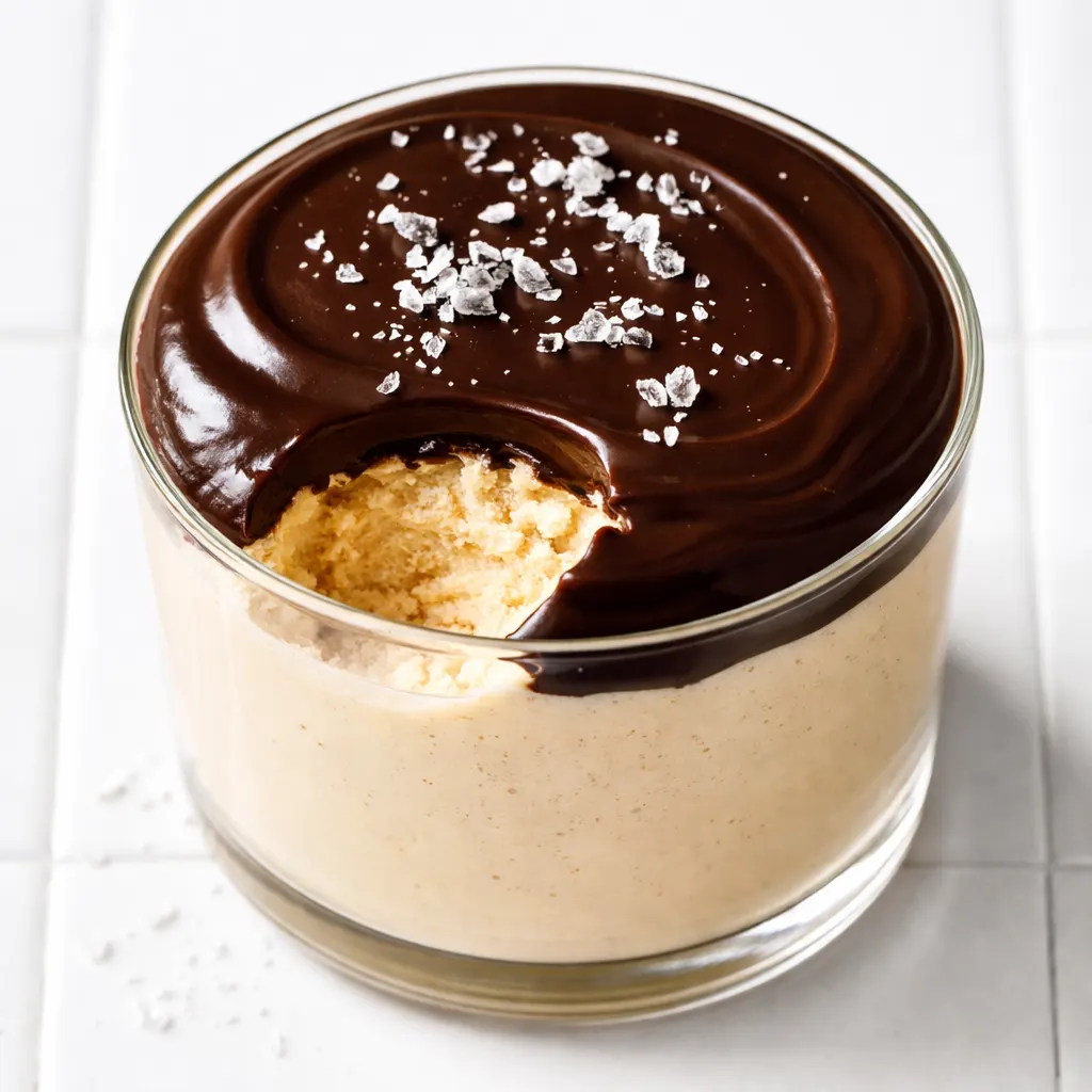 Pouring glossy chocolate ganache over smooth peanut butter mousse in clear glass cups, showing creamy layers and rich color.
