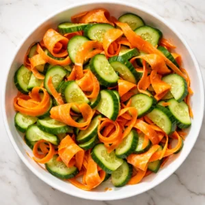 Cucumber and carrot slices spread on a cutting board being salted to enhance crunchiness and color.