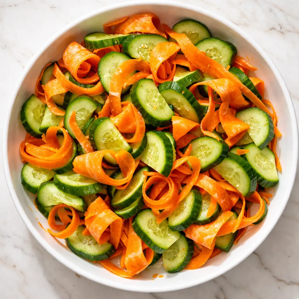 Cucumber and carrot slices spread on a cutting board being salted to enhance crunchiness and color.