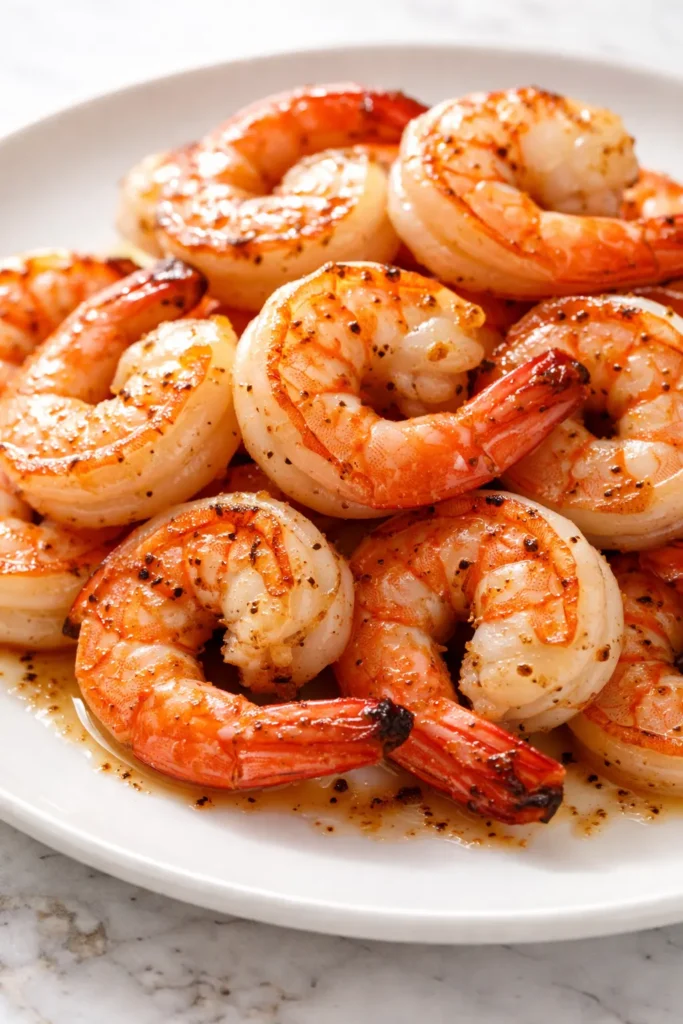 Sautéed shrimp with garlic and herbs, golden brown and juicy, served on a white plate with lemon wedges.