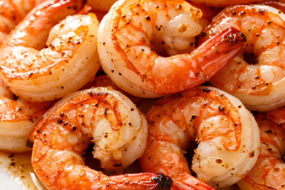 Sautéed shrimp with garlic and herbs, golden brown and juicy, served on a white plate with lemon wedges.