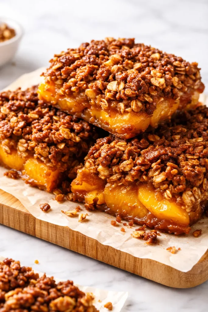Shatteringly crispy peach crisp with brown butter, golden brown topping with visible crunchy bits, served in a cast iron skillet.
