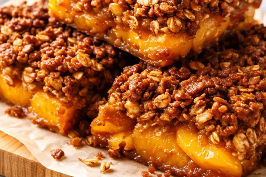 Shatteringly crispy peach crisp with brown butter, golden brown topping with visible crunchy bits, served in a cast iron skillet.