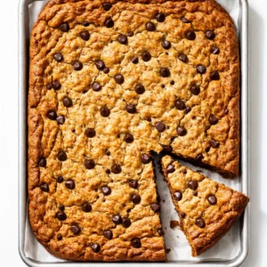Raw chocolate chip cookie dough spread evenly in a sheet pan, with visible chocolate chips and a golden edge.