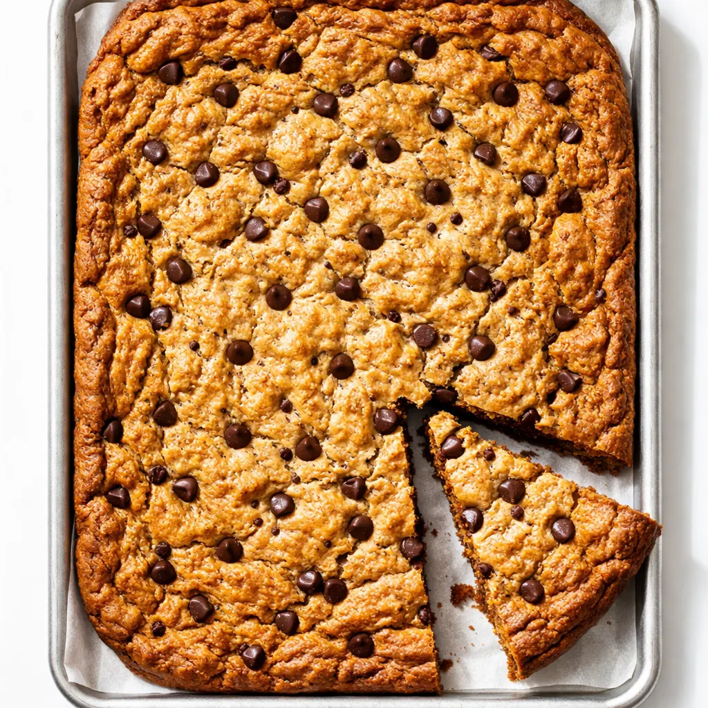 Raw chocolate chip cookie dough spread evenly in a sheet pan, with visible chocolate chips and a golden edge.
