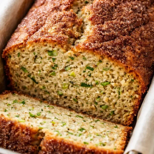 Snickerdoodle zucchini bread loaf with golden crust, cinnamon-sugar coating, and moist green-flecked crumb