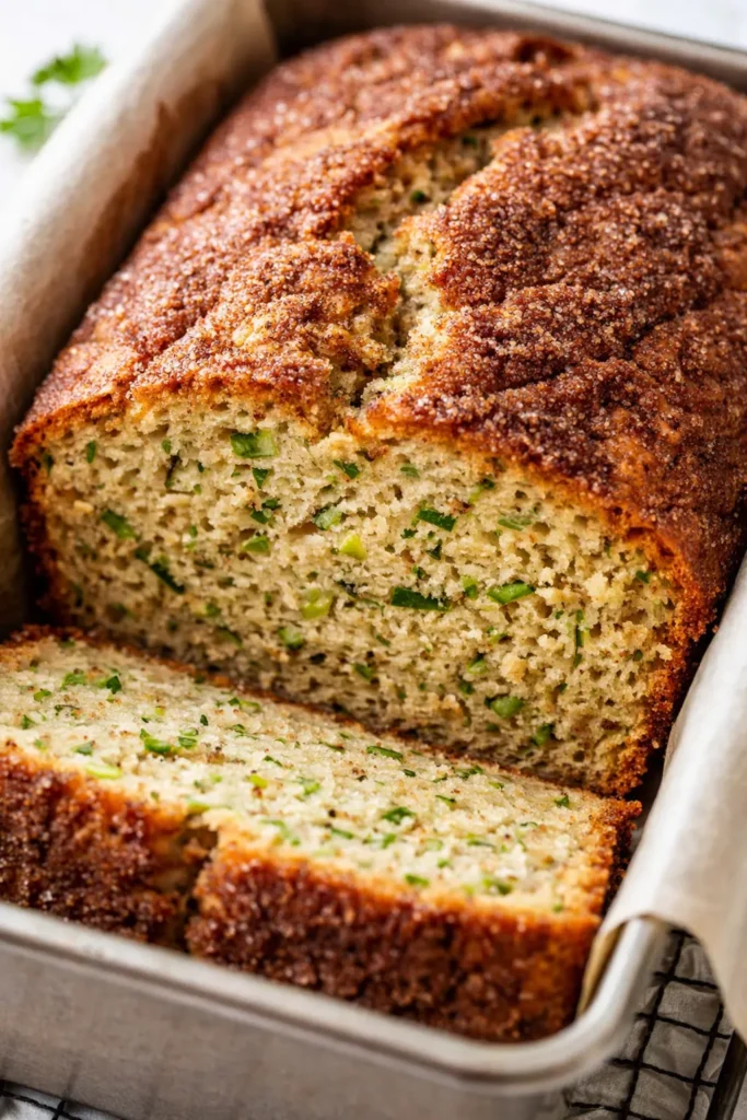 Snickerdoodle zucchini bread loaf with golden crust, cinnamon-sugar coating, and moist green-flecked crumb