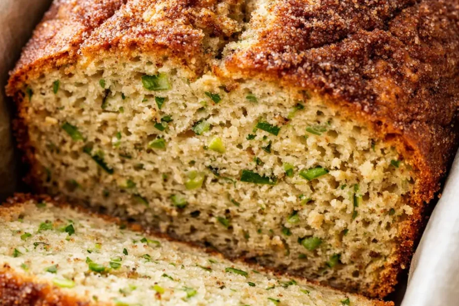 Snickerdoodle zucchini bread loaf with golden crust, cinnamon-sugar coating, and moist green-flecked crumb