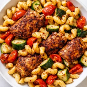 Tossing spicy chicken pasta with colorful summer veggies like bell peppers and zucchini in a skillet, creating a vibrant texture.