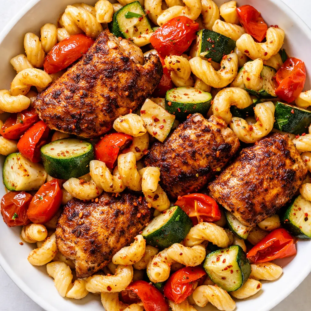 Tossing spicy chicken pasta with colorful summer veggies like bell peppers and zucchini in a skillet, creating a vibrant texture.
