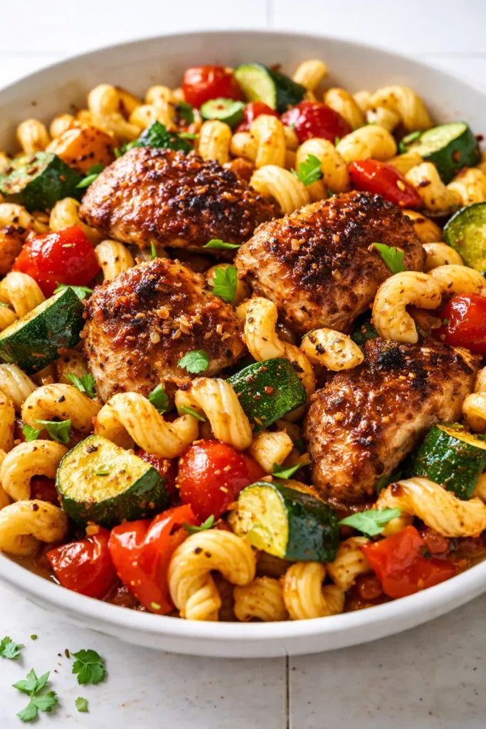 A vibrant bowl of spicy chicken pasta with colorful summer vegetables including bell peppers, zucchini, and cherry tomatoes, tossed in a creamy sauce.