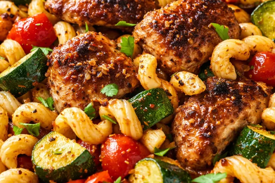 A vibrant bowl of spicy chicken pasta with colorful summer vegetables including bell peppers, zucchini, and cherry tomatoes, tossed in a creamy sauce.