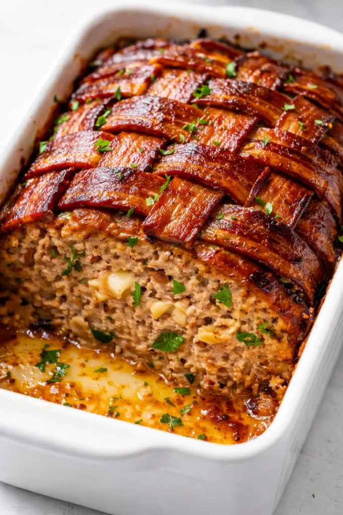 Juicy spicy jalapeño popper meatloaf sliced on a plate with gooey melted cheese and crispy bacon, golden brown crust.